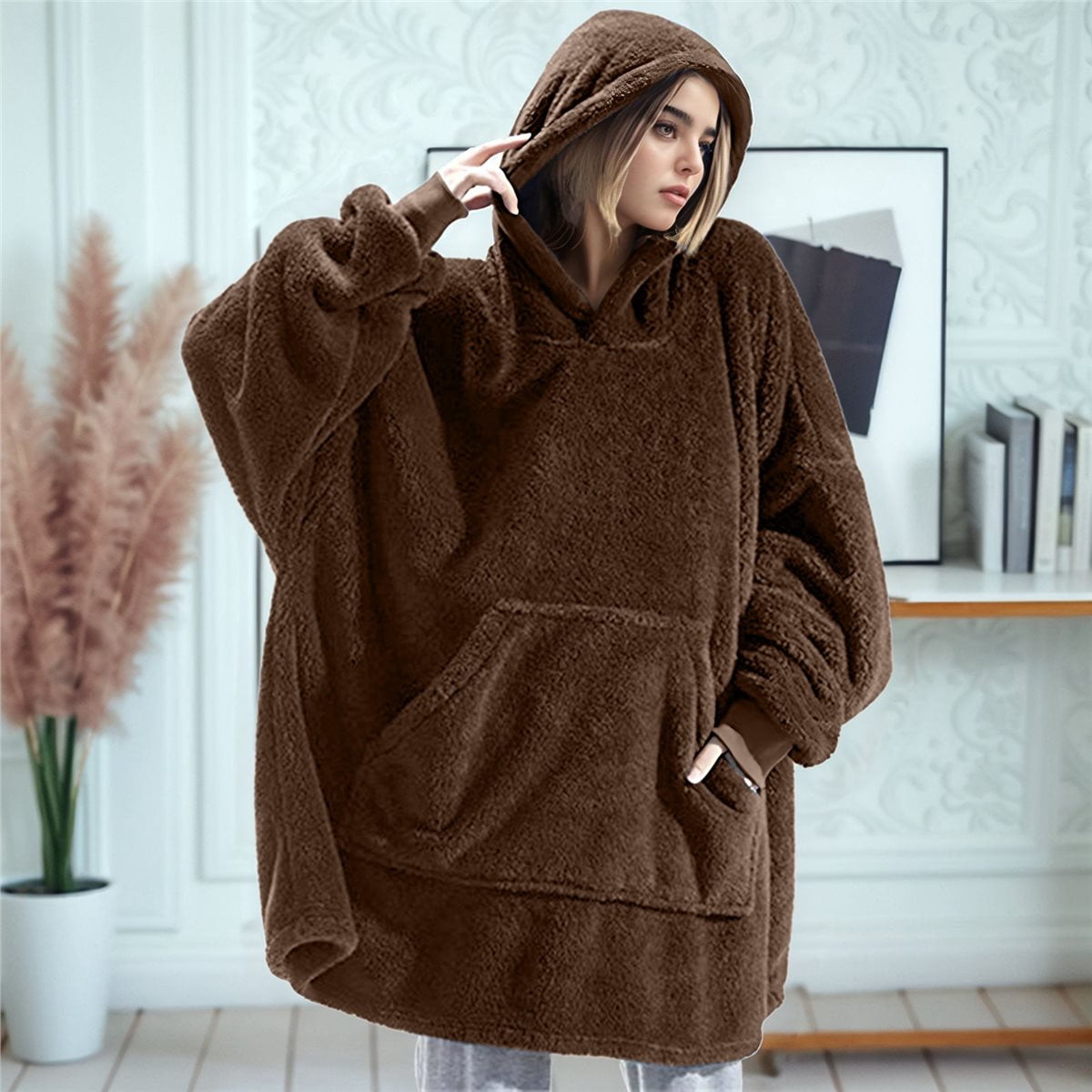 Oversized Blanket Hoodie Sweatshirt, Wearable Lounging Pullover for Adults Women Men Brown One size