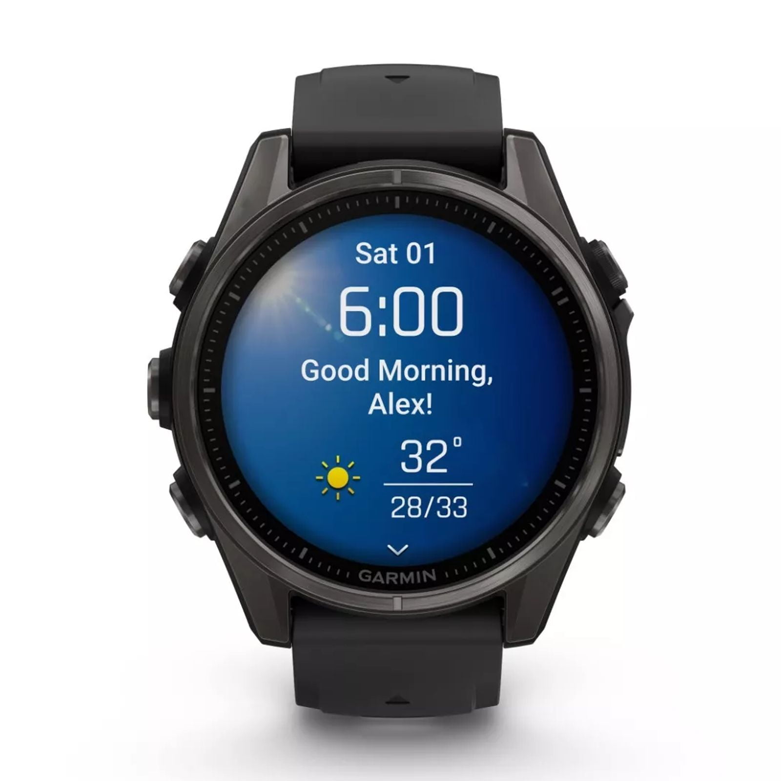 Garmin fenix 8 - 43 mm Sapphire, AMOLED, Carbon Gray DLC Titanium with Black/Pebble Gray Silicone GPS Smartwatch with White Earbuds