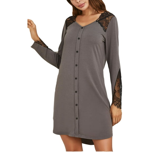 Richie House Women's Nightgown Casual Lace Elegant Long Sleeve Button-Down Dress RHW2906-A-S