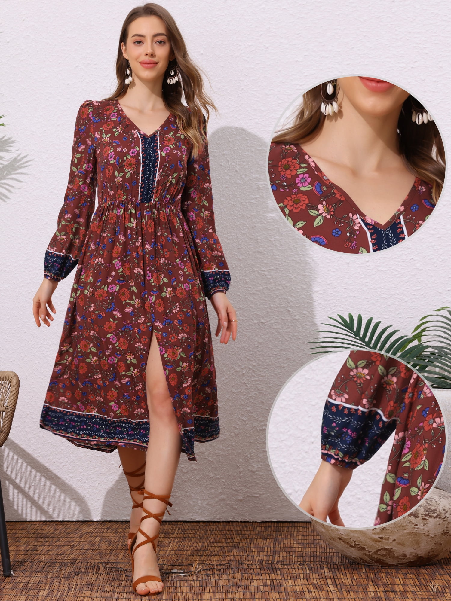 DARING DIVA Floral Elastic Waist Split A-Line Midi Dress XS Brown