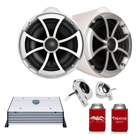 Wet Sounds ICON8W-FC-SA 8" White Tower Speakers with Silver Aluminum Fixed Clamps & HTX2 600 Watt Amplifier