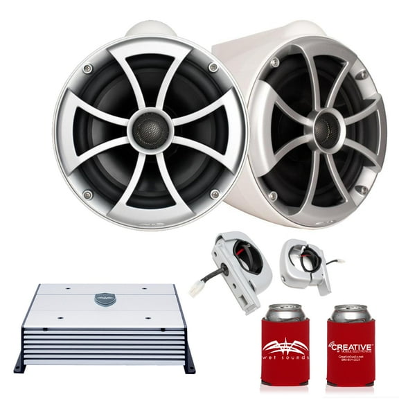 Wet Sounds ICON8W-FC-SA 8" White Tower Speakers with Silver Aluminum Fixed Clamps & HTX2 600 Watt Amplifier