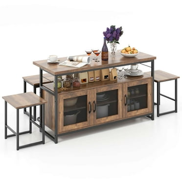 Costway 4 PCS Kitchen Island Set with Bench and Storage Heavy-duty Metal Frame Shelves