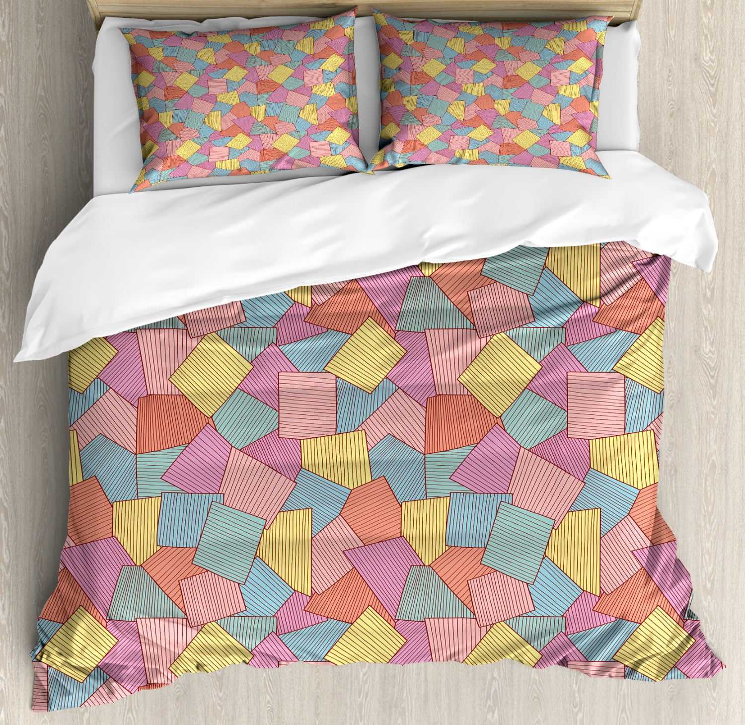 Geometric King Size Duvet Cover Set, Abstract Tile Pattern with Thin