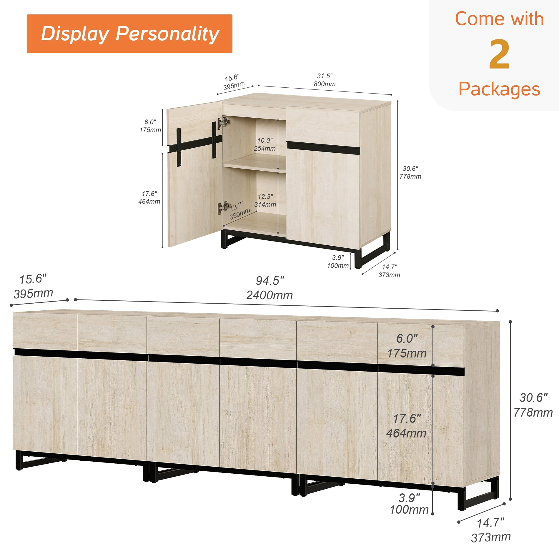 WAMPAT 94.5" TV Stand with Doors,Modern TV Stand for TVs up to 110 Inch,3 Packs Wood Entertainment Center with Adjustable Shelves & Metal Base.