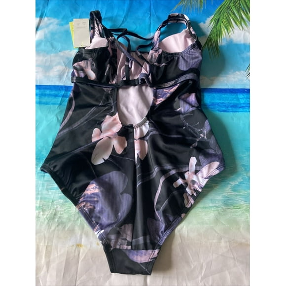 Women's All In Motion Black Floral One Piece Swim Suit Cross Back Straps Small
