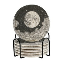 Yayeee 6 PCS Drink Coasters with Holder Set Woven Absorbent Round Tabletop Hot Pad, Black Moon