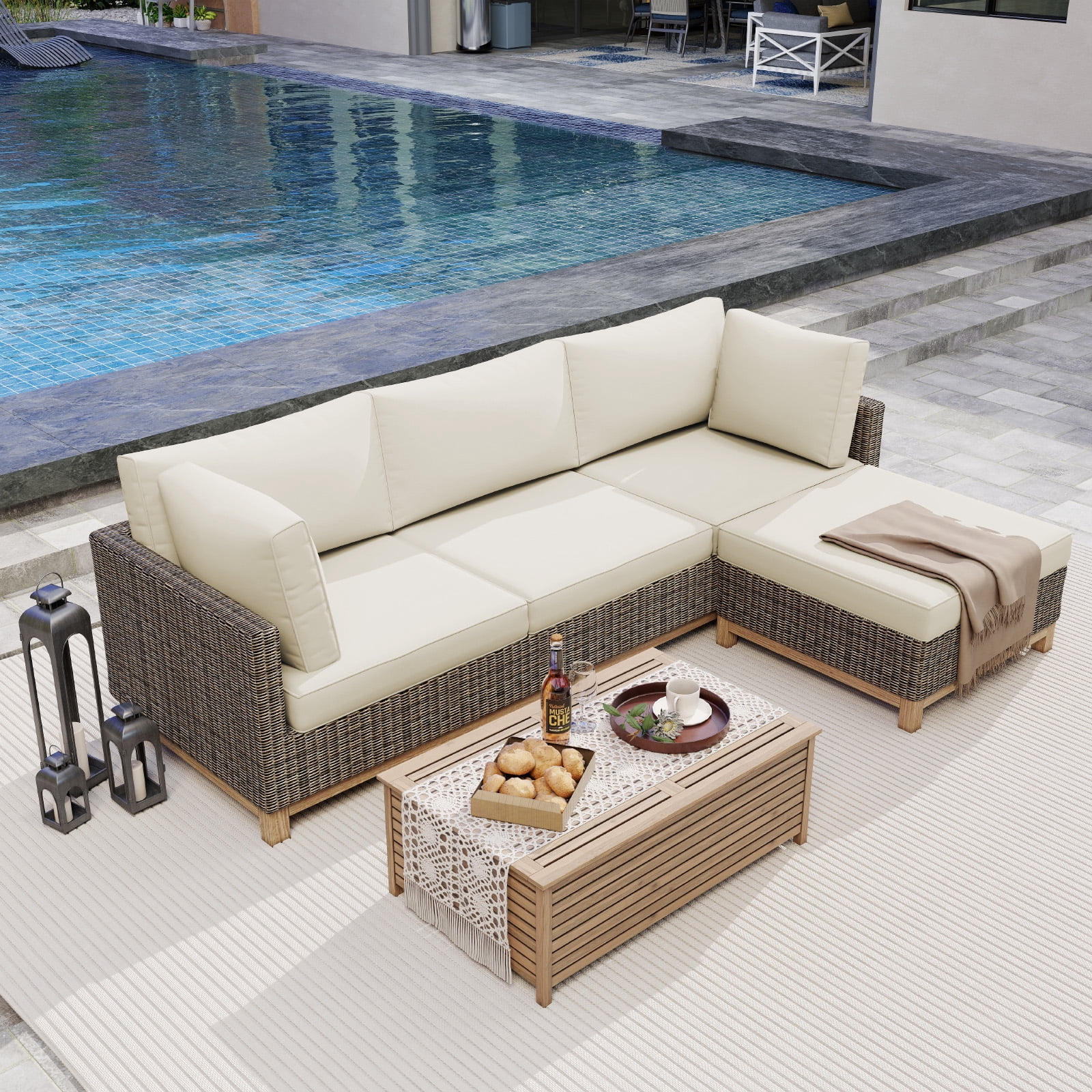 4 inch Outdoor Cushions for Patio Furniture with 5 Pillows, Patio Furniture Cushions,Water-Resistant Outdoor Couch Cushions,4 Seat Sofa Cushions for Outdoor Sectional,Cream White