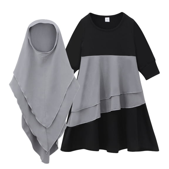 OGLCCG Toddler Girls Muslim Abaya Prayer Dress with Hijab 2pcs Long Sleeve Islamic Middle East Arab Dubai Dress Soft Ramadan Eid Clothes 0-10 Years
