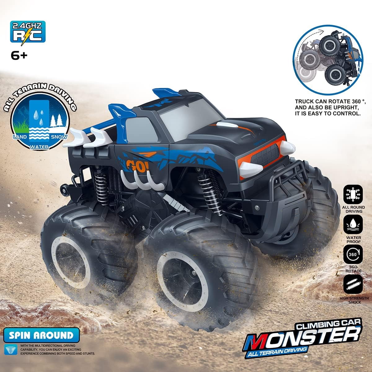 Truck Toys 1:16 Waterproof Monster Rc Cars 2.4 Ghz Amphibious Remote Control Car 4wd all Terrain Off-Road Pickup Trucks for Boys & Girls Kids Gifts Presents