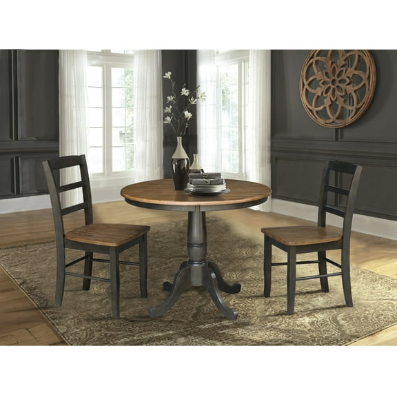 3-piece Solid Wood Dining Set with 36'' Round Pedestal Table and 2 Madrid Ladder Back Chairs in Hickory/Washed Coal by International Concepts