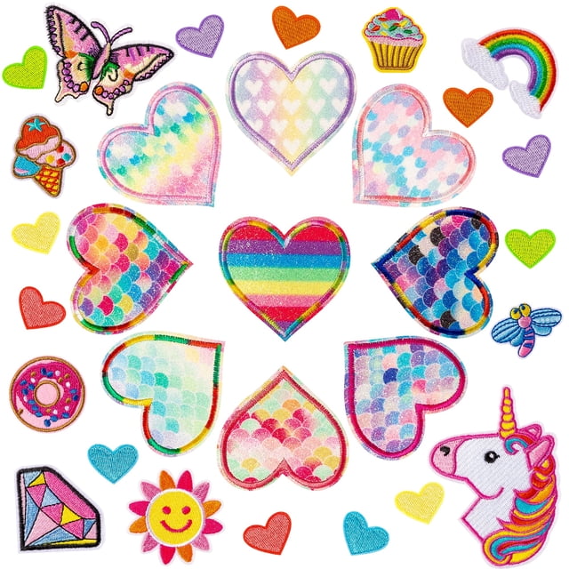 30 parches para planchar con forma de corazón, coloridos parches para planchar en la rodilla para niños, parches bordados para chica de moda, apliques bordados para coser