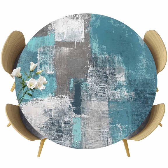 Turquoise Grey Table Cloth, Round Fitted Tablecloths with Elastic Edge, Abstract Square Graffiti Modern Smear Wipeable Waterproof Table Cover for Kitchen Wedding 36-44 Inches