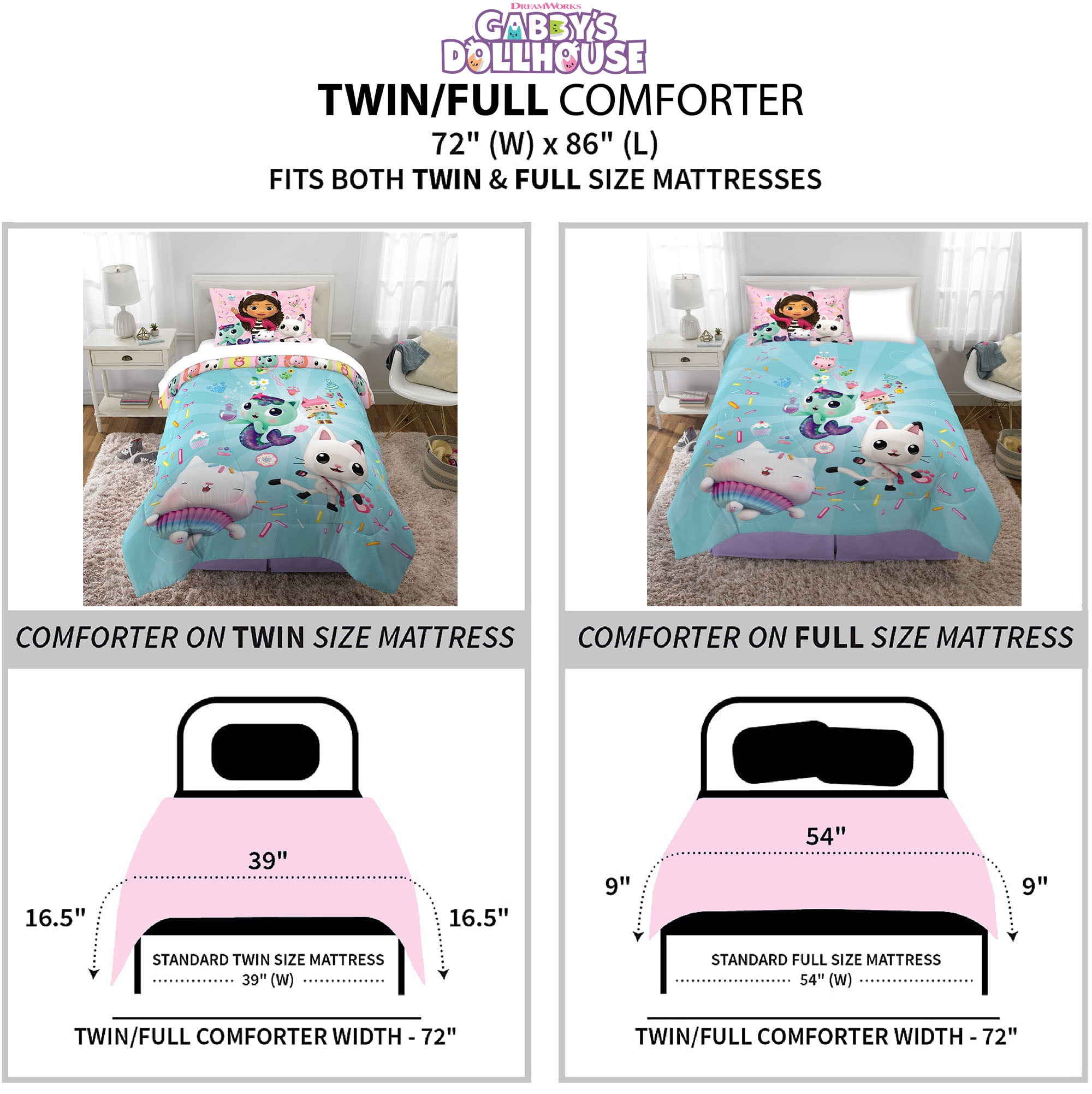Gabby'S Dollhouse Kids 2-Piece Twin/Full Comforter Set, Reversible, Microfiber