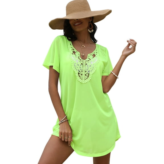 FOLUNSI Womens Plus size Swimsuit Cover Ups V Neck Lace Crochet Summer Bikini Beach Cover ups Dress for Swimwear S-3XL