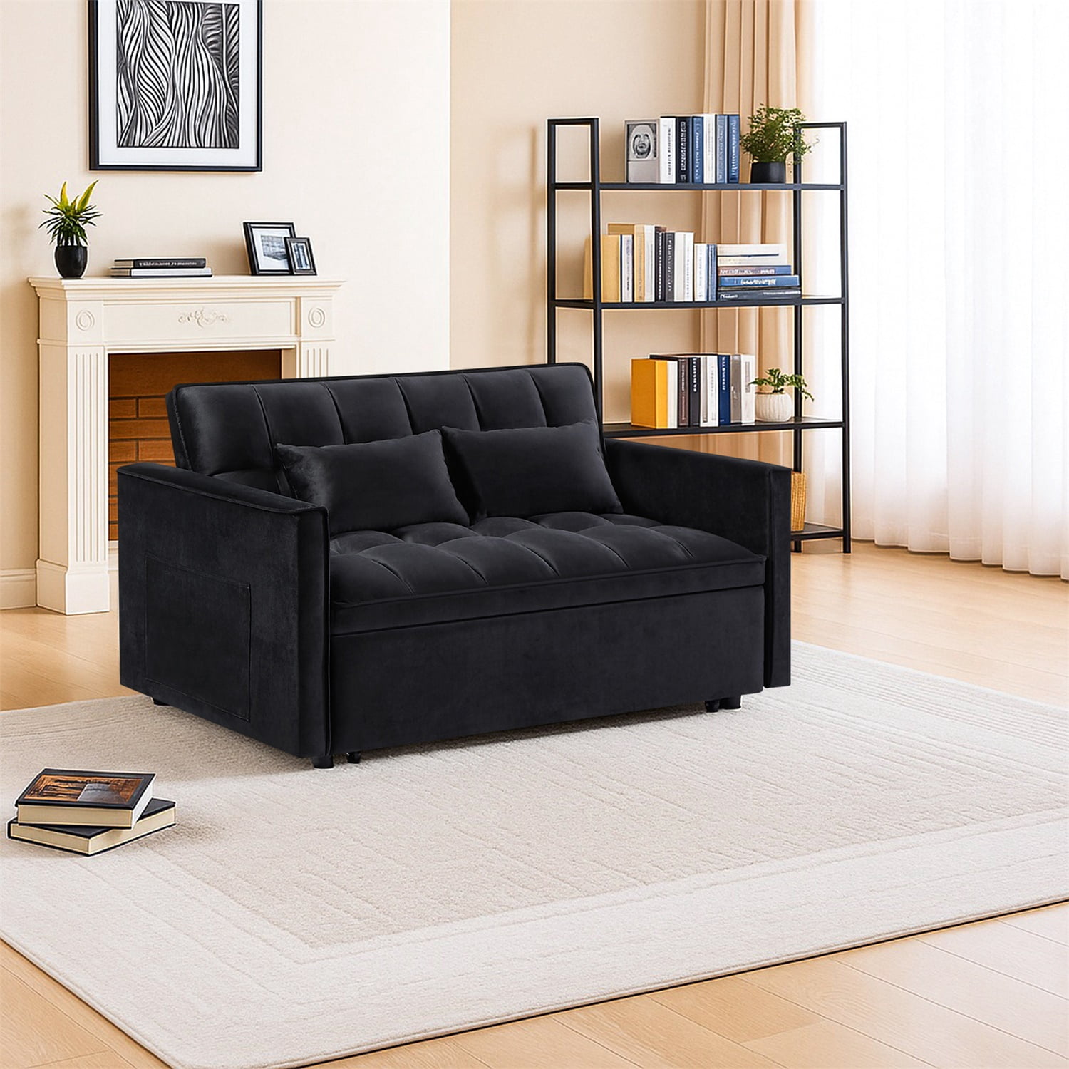 Hommoo Modern 3 in 1 Convertible Sleeper Sofa Bed, Pull Out Loveseat Couch Futon Sofa Bed with 3-Level Adjustable Back, Black