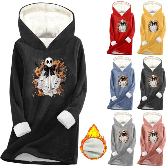 Feancey Halloween Womens Fleece Hoodie Novelty Ghost Graphic Pullover Sweatshirts Hooded Long Sleeve Sherpa Lined Thermal Tops Blue L