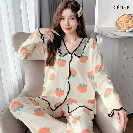 

PIKADINGNIS Womens Pajama Set Autumn Winter Lace Cotton Sleepwear Women Pijamas Set Long Sleeve Sweet Leisure Lady Trousers Outwear Clothes
