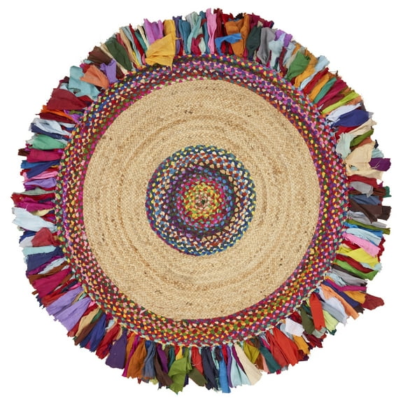 Ox Bay and Evette Rios Cora 5'6" Round Rainbow Cotton and Jute Fringed Indoor Area Rug