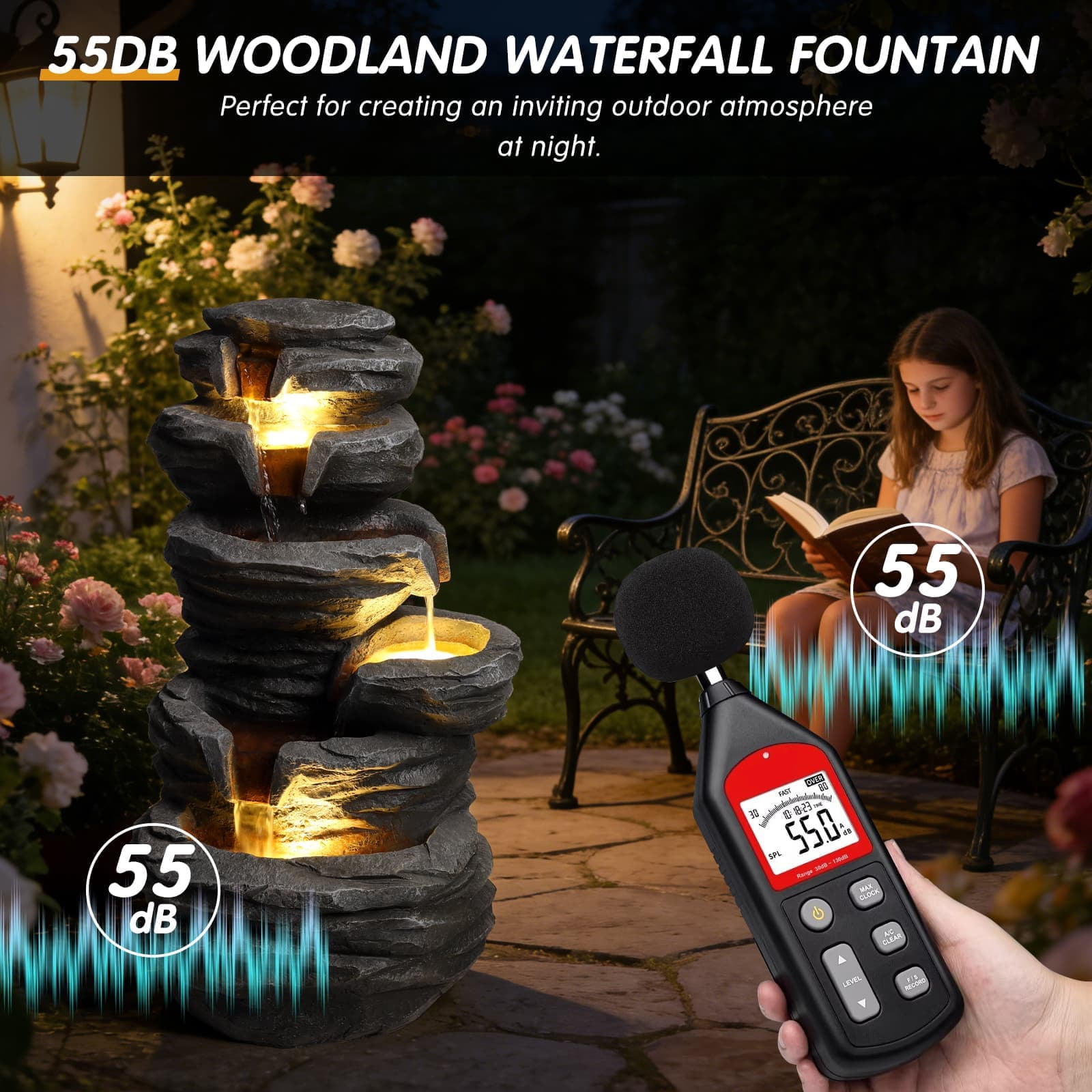 Aukfa Outdoor Water Fountain with LED Lights, Multi-Level Resin Rock Waterfall Feature for Patio Backyard Porch,Gray
