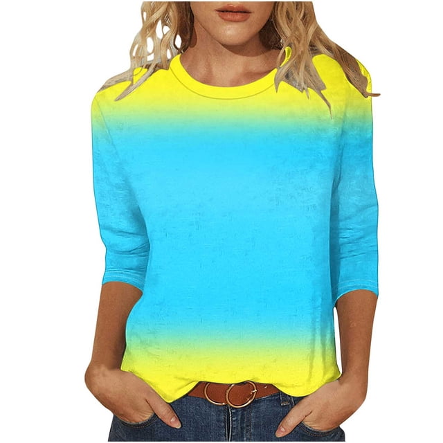 VSSSJ Hauts à Manches 3/4 pour Femmes Décontracté Tendance Dégradé Manches Raglan Col Rond Coupe Décontractée Tunique Respirante Tee-Shirt Bleu Ciel TTG