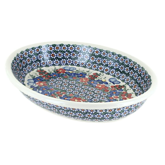 Blue Rose Polish Pottery Garden Butterfly Oval Baker