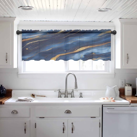 Marble Navy Blue Valance Curtains for Kitchen/Living Room/Bathroom/Bedroom Window, Abstract Cracked Gold Glitter Wavy Rod Pocket Small Topper Half Short Window Curtains Voile Sheer Scarf 54"x18"