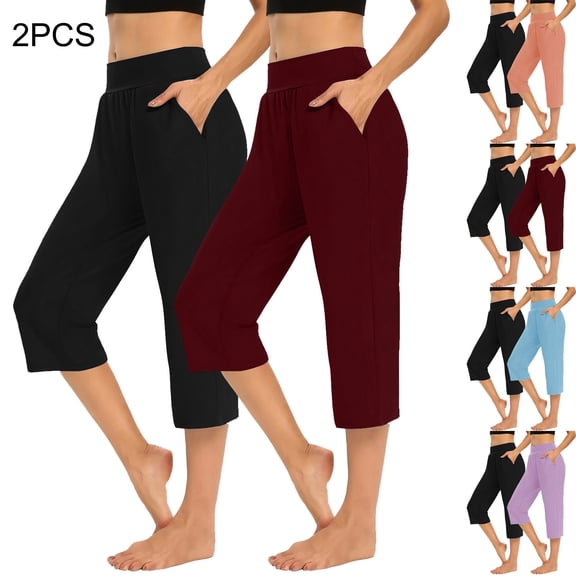 BVOFAR Capri Pants for Women 2 Pack High Waist Stretchy Yoga Crop Pants Summer Casual Lounge Capris with Pockets Sky Blue L