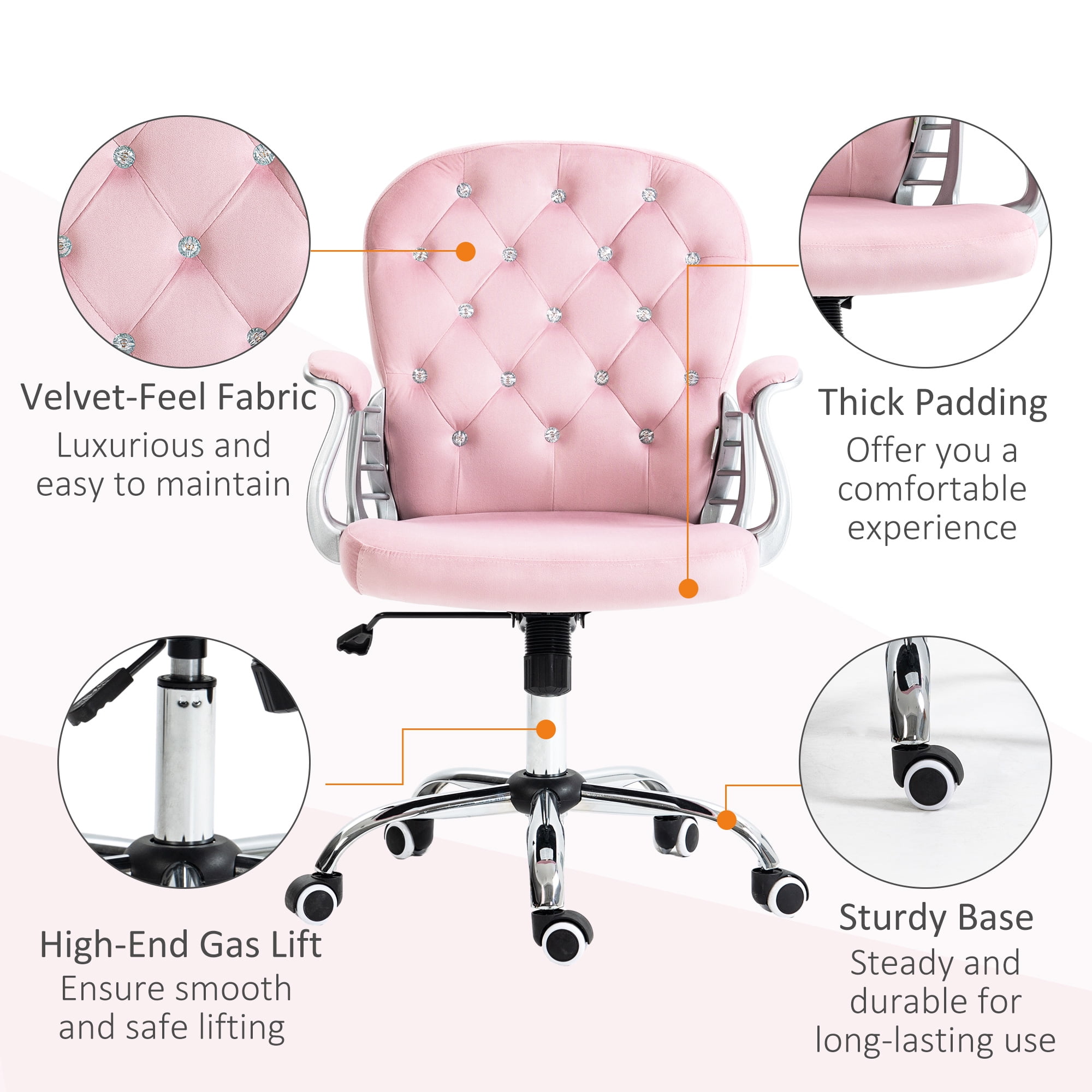 Vinsetto Velvet Office Chair, Button Tufted Desk Chair with Armrests, Pink