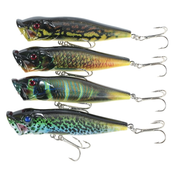LB59 Kit de Leurres Popper 4 Pcs - Longueur 95mm/3.74 Po, Poids 12g/0.4oz, Corps en ABS avec Hameçons Tranchants - Appâts de Pêche pour Eau Douce et Salée