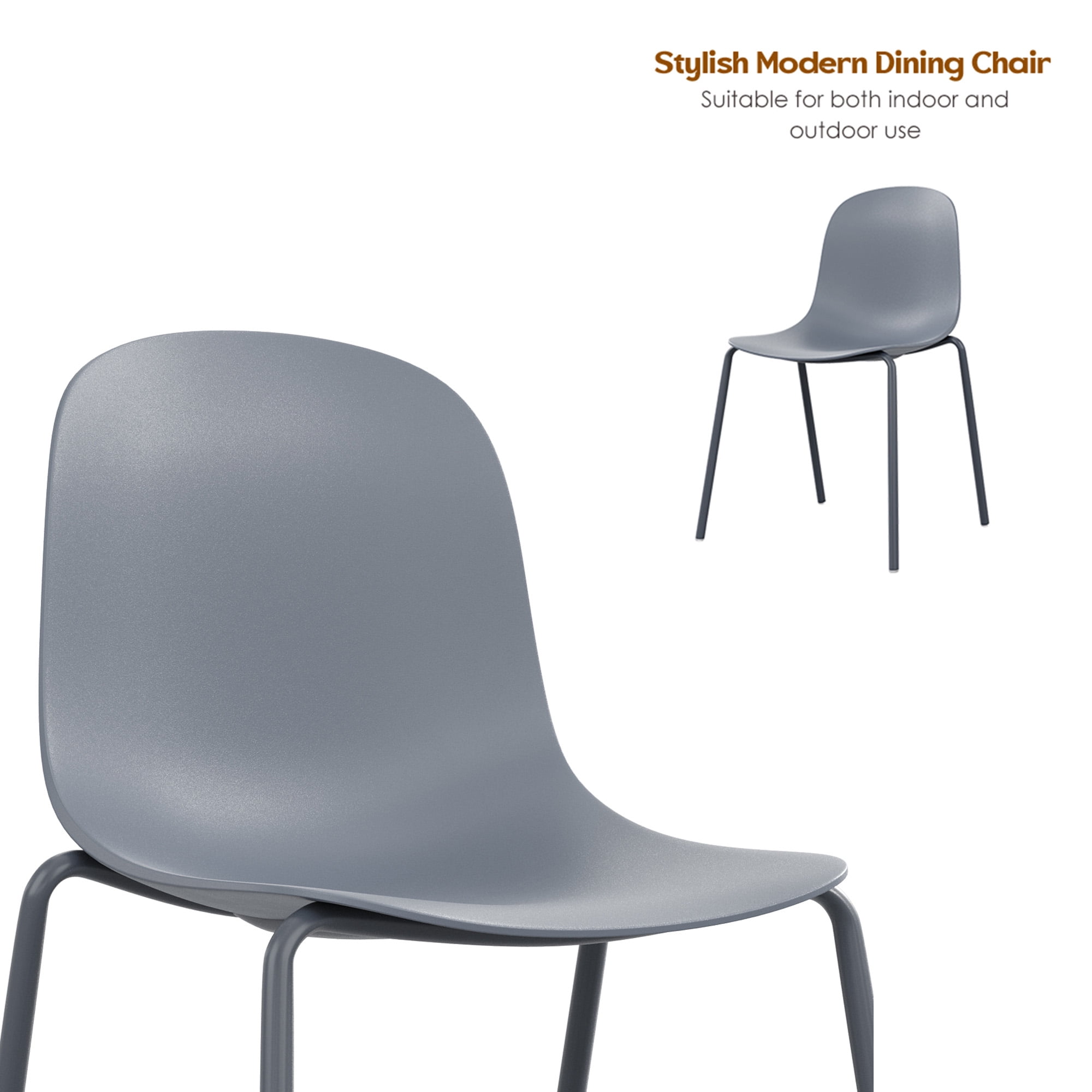 MAYEERTY Gray Set of 4 Modern Stackable Plastic Waterproof Dining Chairs, Metal Legs, Indoor/Outdoor Use