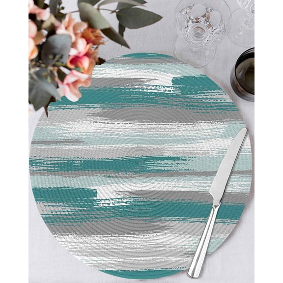 13 Inch Round Placemats Set of 4, Blue Gray Stripes Non Slip Heat Insulation PP Table Mats, Watercolor Modern Abstract Minimalist Washable Place Mats for Kitchen Dining Party Table Decor