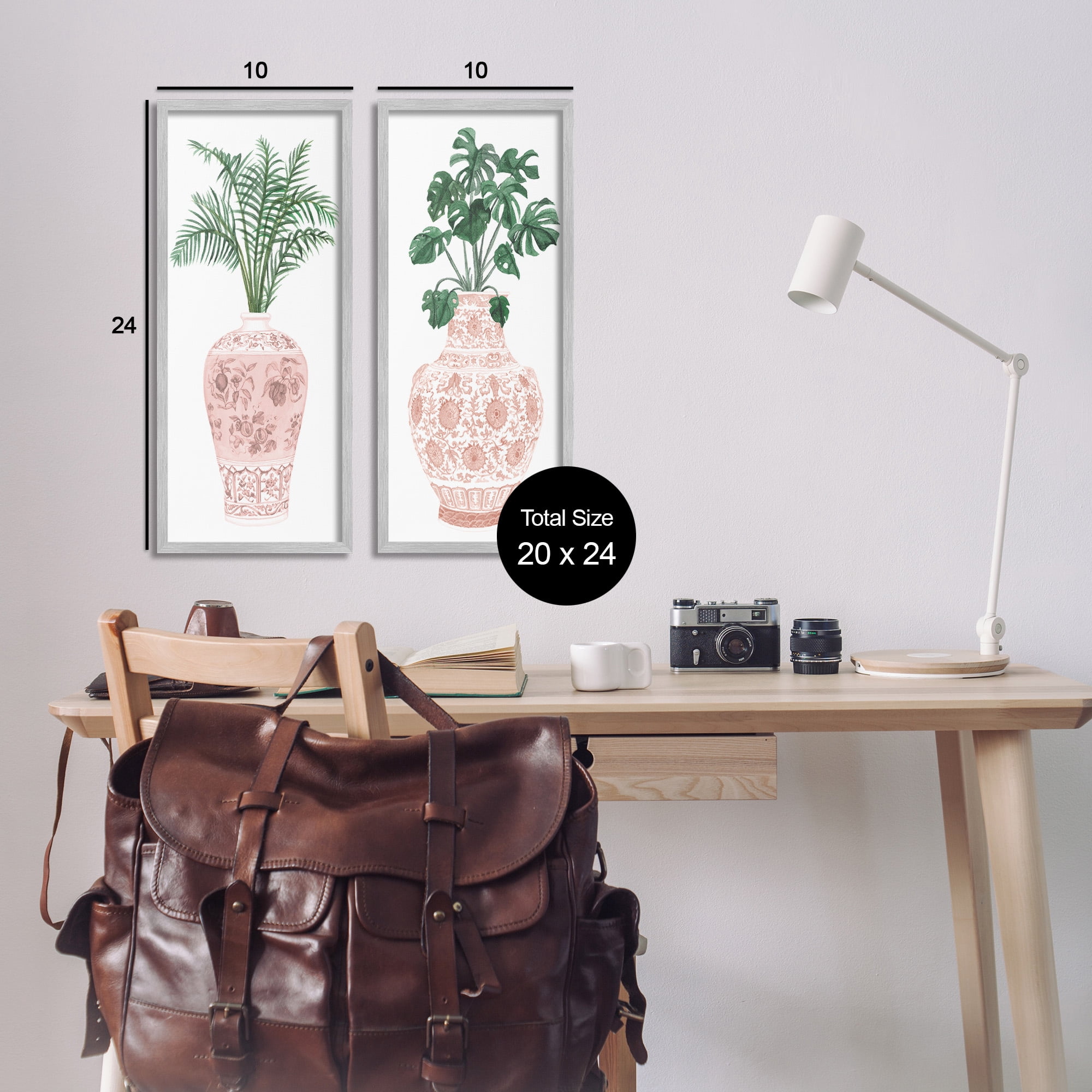 Stupell Industries Plants & Oriental Vases Botanical & Floral Painting Gray Framed Art Print Wall Art, 10 x 24, Set of 2