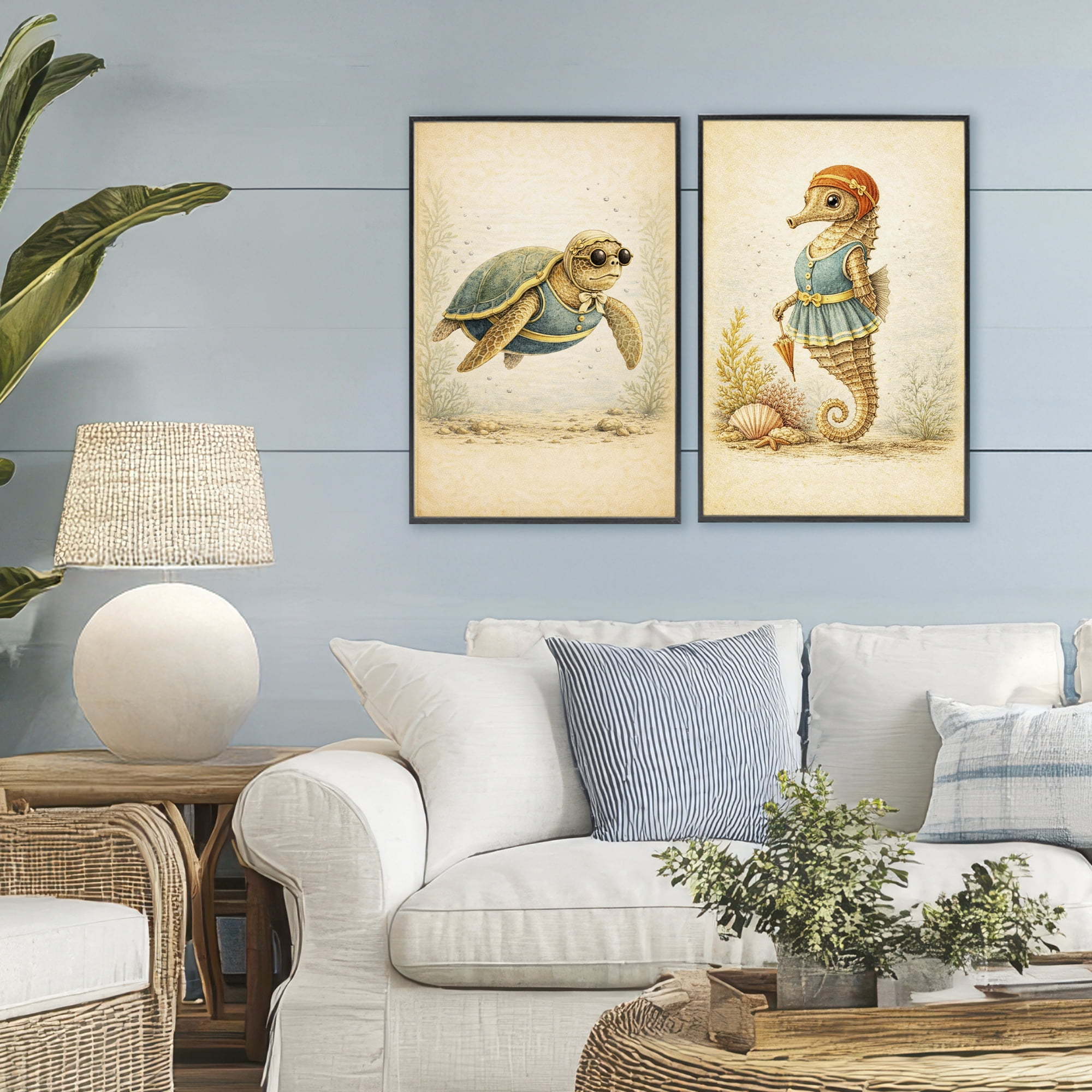 Stupell Industries Vintage Maritime Bathing Animals 2 Piece Black Framed Giclee Art Set, design by Grotto Studios