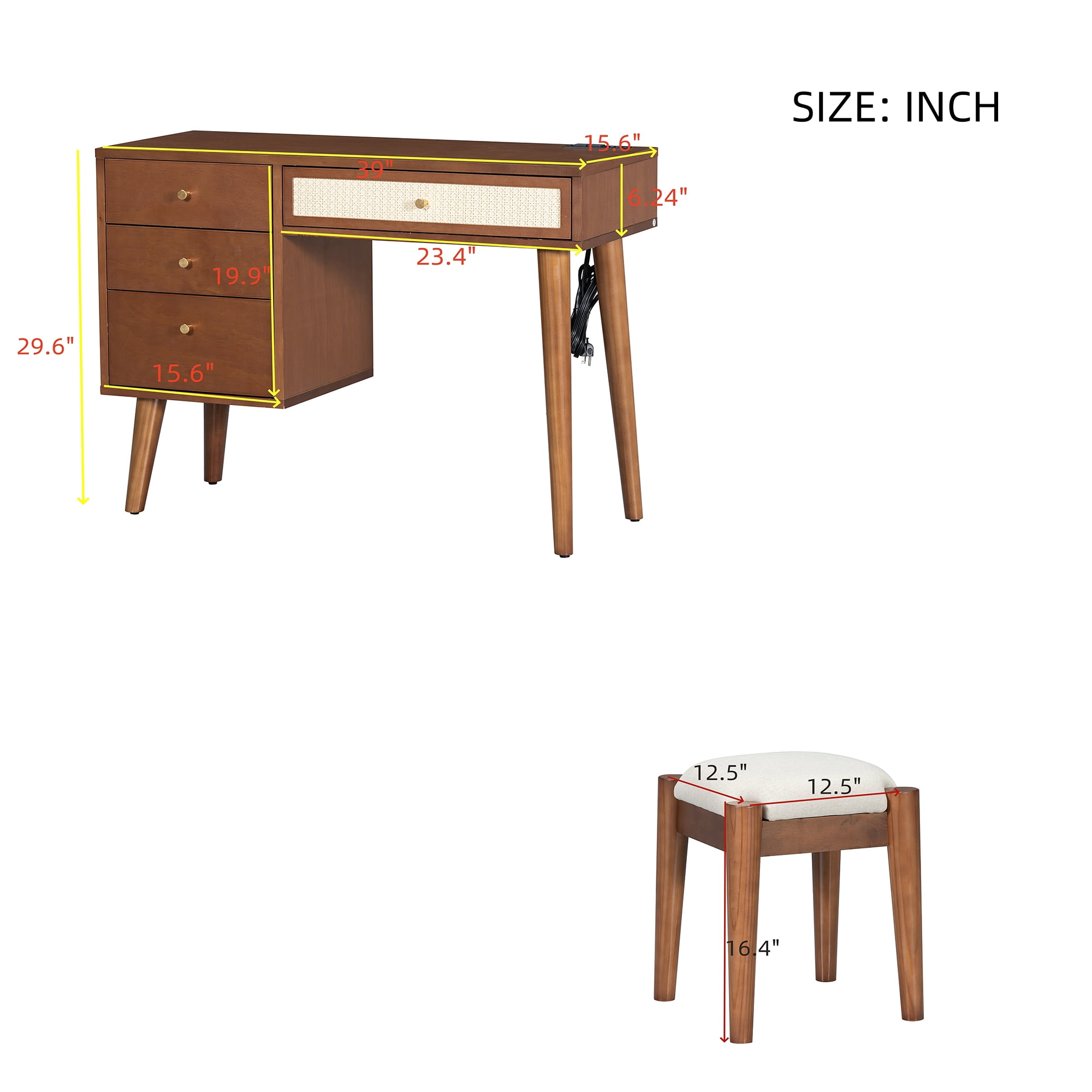 Harper & Bright Designs 39" Wood Vanity Desk with Rattan Drawers , Makeup Vanity Table Set with Stool , Dressing Table with Charging Plug and USB Port for Bedroom , Wood (Mirror not included)