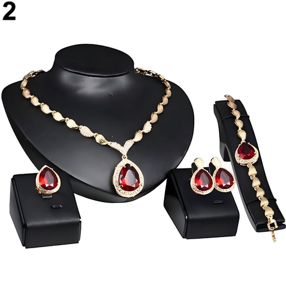 TELOLY Women Fashion Rhinestone Pendant Necklace Ring Bracelet Earrings Jewelry Set Red