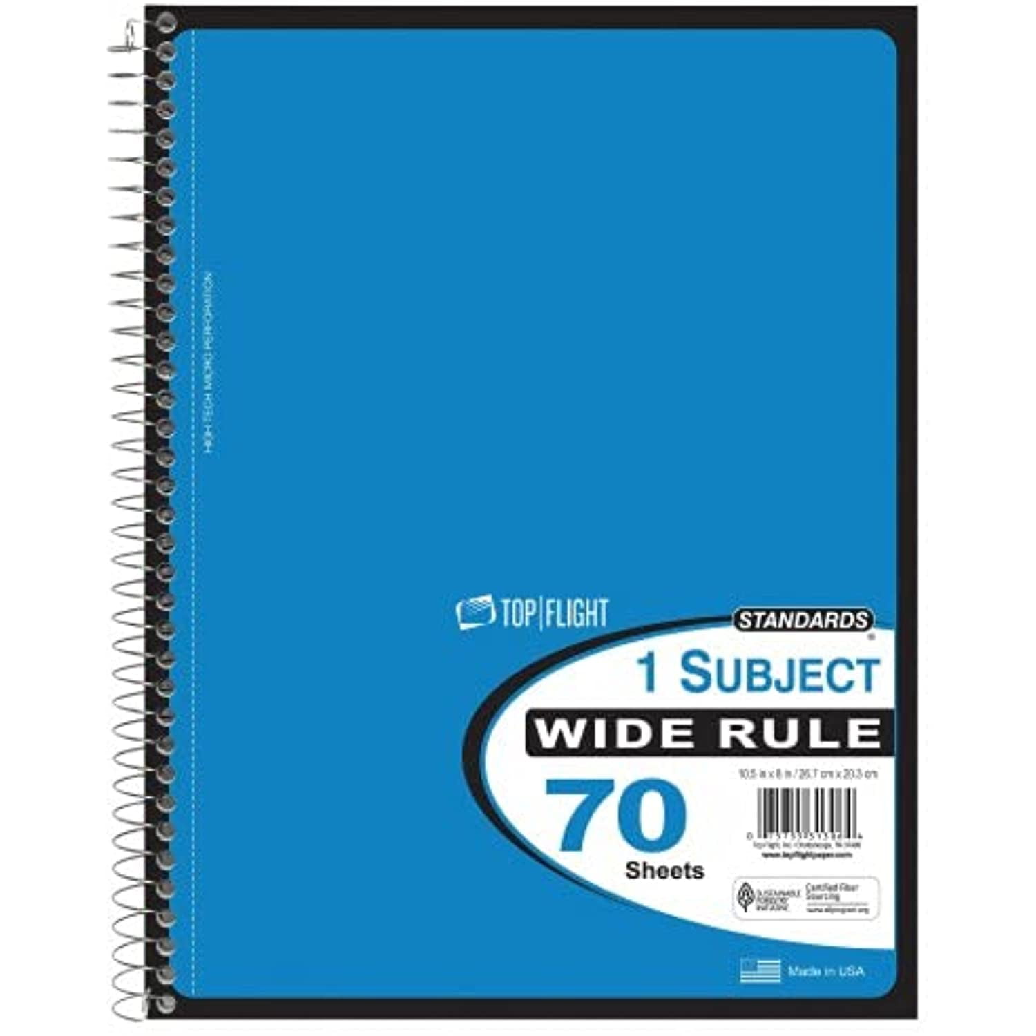 Top Flight Spiral Notebook, 1 Subject, 70 Wide Ruled Sheets, Assorted Colors (Pack of 3)