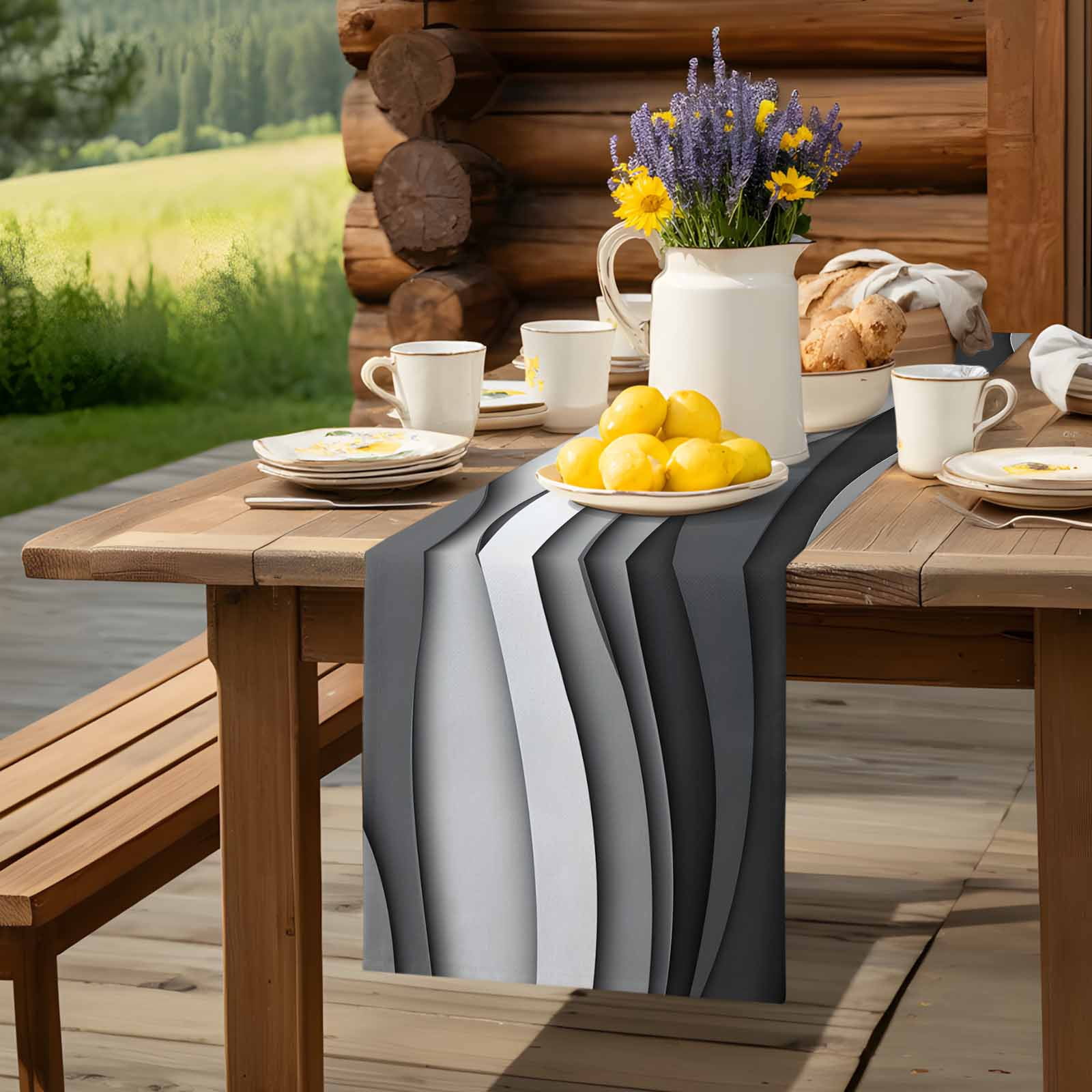 Gray Gradient Abstract Geometric Table Runner 90 Inches Long, Water Ripples Table Runners Tabletop Scarf Kitchen Dining Tables Decoration for Home Party Indoor Outdoor