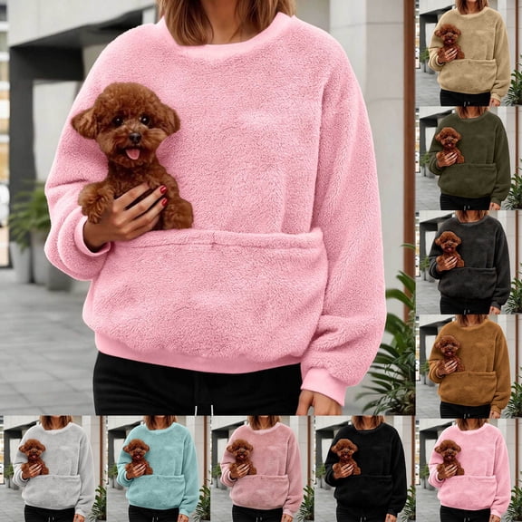 FUZHIQ Womens Soft Plush Cat Dog Carrier Hoodie Cozy Pet Pouch Sweatshirt Kangaroo Pocket Warm Hooded Pullover for Daily Wear