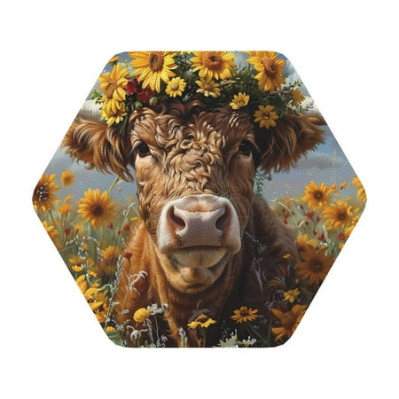 

Pofeuu Cute Cow Sunflower Crown A Print Leather Coasters Set of 6 Round Cups Mugs Mat Pad for Home Kitchen Heat Resistant Drink Coasters Hexagon