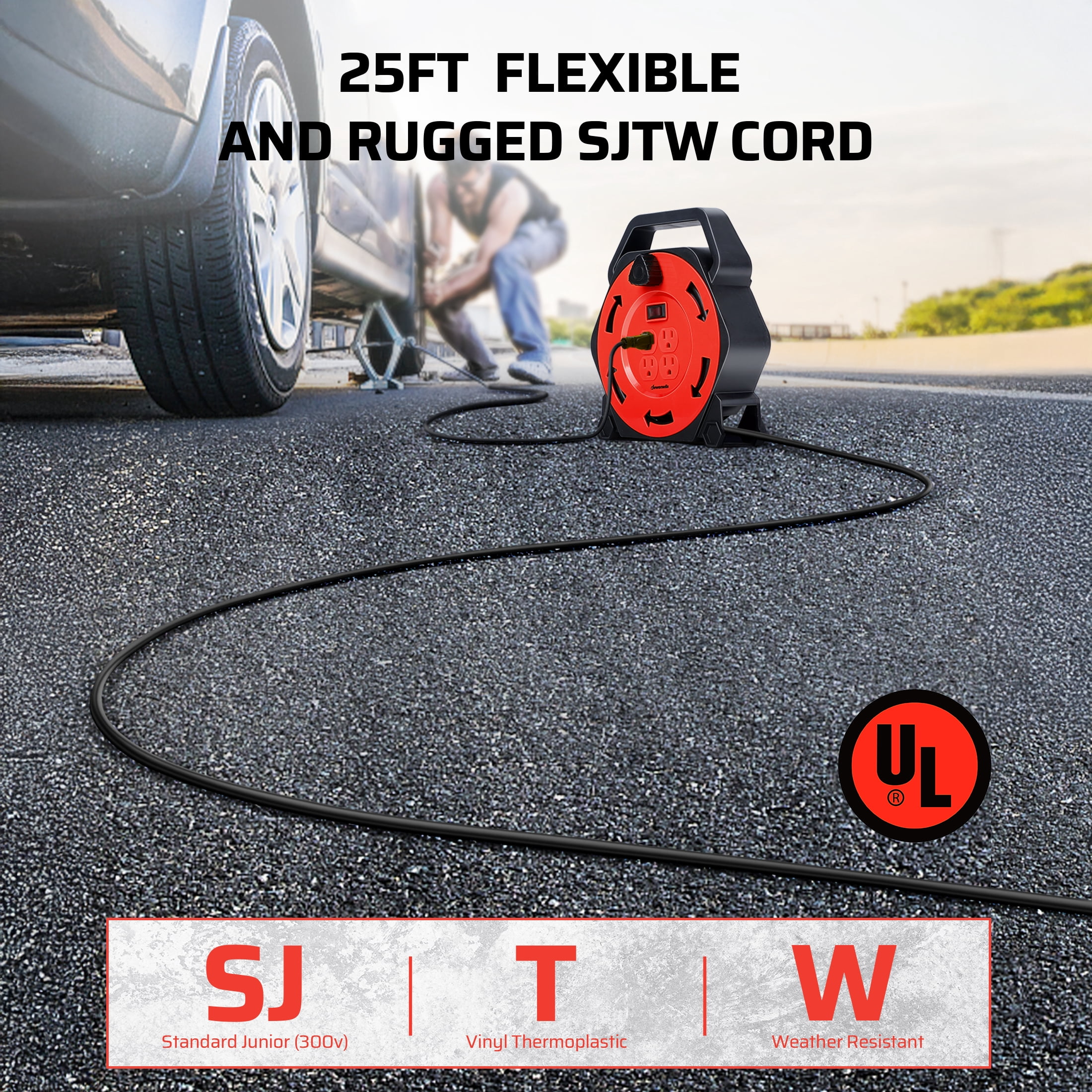 DEWENWILS Extension Cord Reel with 25 FT Power Cord, for Christmas and New Year Hand Wind Retractable, 16/3 AWG SJTW, 4 Grounded Outlets, 13 Amp Circuit Breaker,Black and Red, UL Listed