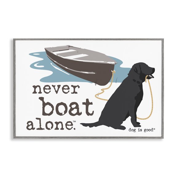 Stupell Industries Never Boat Alone Dog Animals Painting Gray Framed Art Print Wall Art, 18 x 12