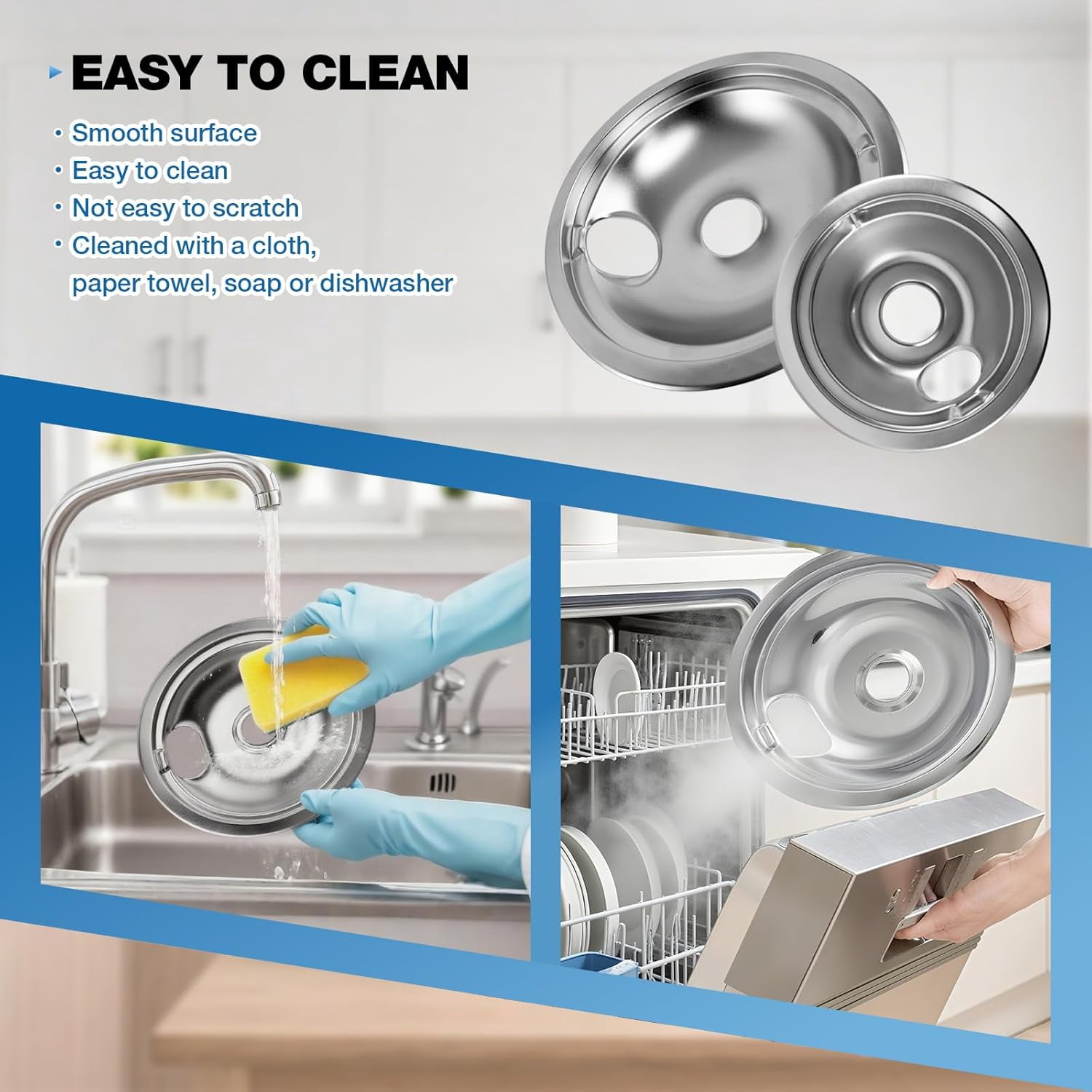 WB31T10010 WB31T10011 Chro e Drip Pans Set (4 Pack) - 2x6" & 2x8" Replace ent for , Hotpoint, Ken ore Electric Stoves with Locking Slot - Chro e Plated Steel Burner Bowls