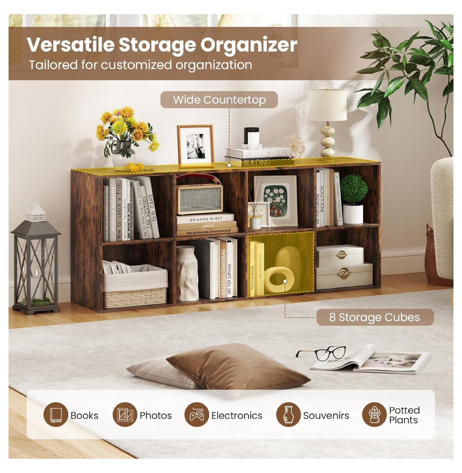 WDZS 8-Cube Bookcase, Floor Standing Bookshelf with Storage & 2 Anti-Tipping Kits, Open Storage Organizer, Cubby Wooden Book Shelf for Living Room, Study & Bedroom, Rustic Brown