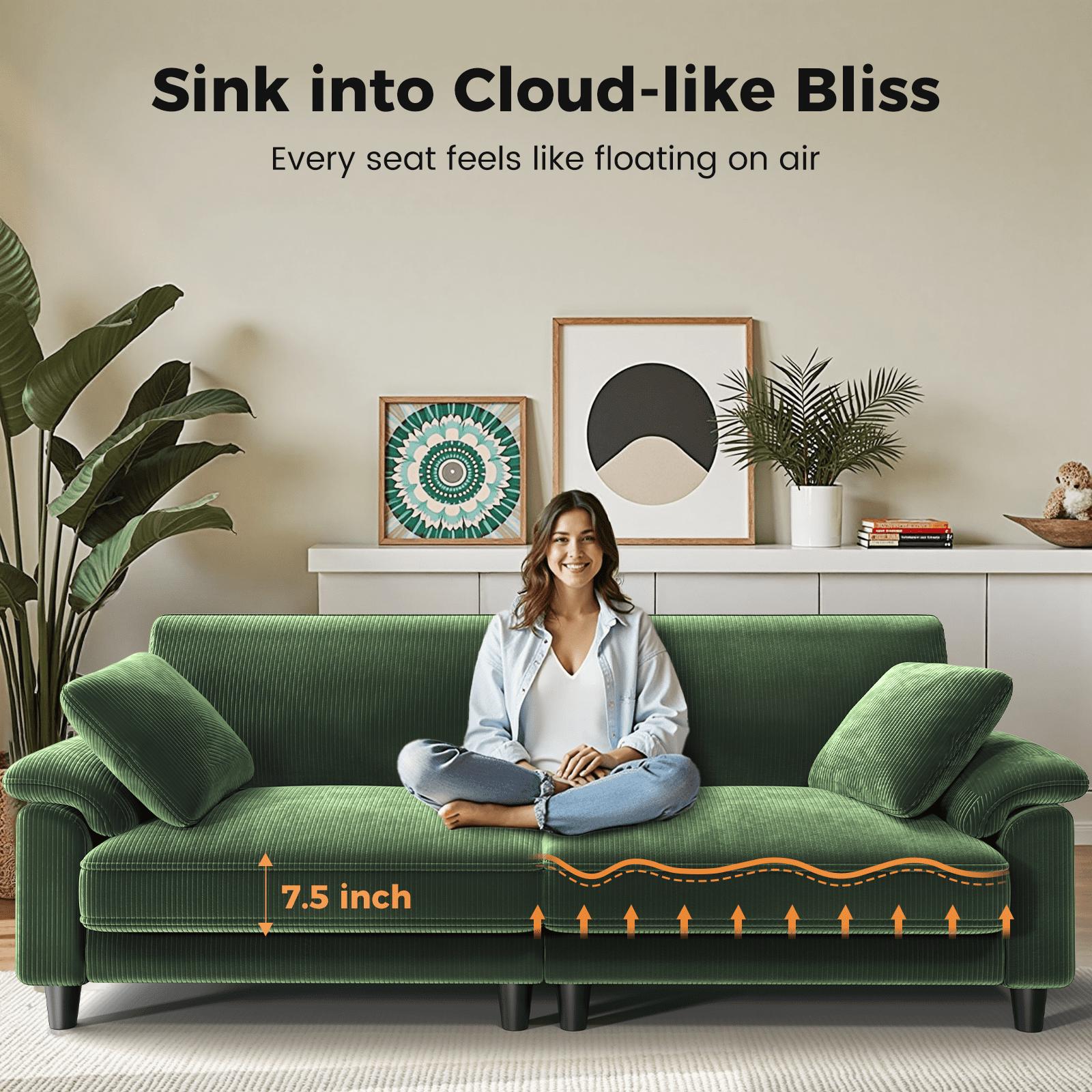 Patbrela 83" Corduroy Sofa, Loveseat Sofa with Extra Deep Seat Couches, Comfy Upholstered Couch for Living Room, No Assembly with 2 Pillows, Green