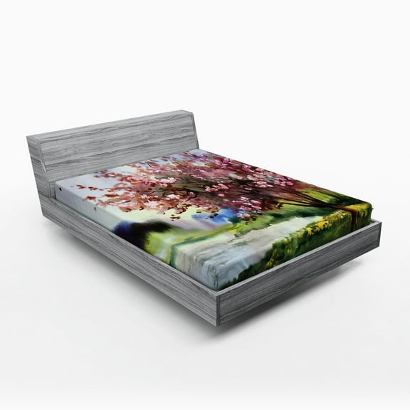 Country Fitted Sheet, Painting of Spring Landscape Blooming Nature Flowering Tree and Fresh Grass Nature, Soft Decorative Fabric Bedding, Full Size, Pink Green, by Ambesonne