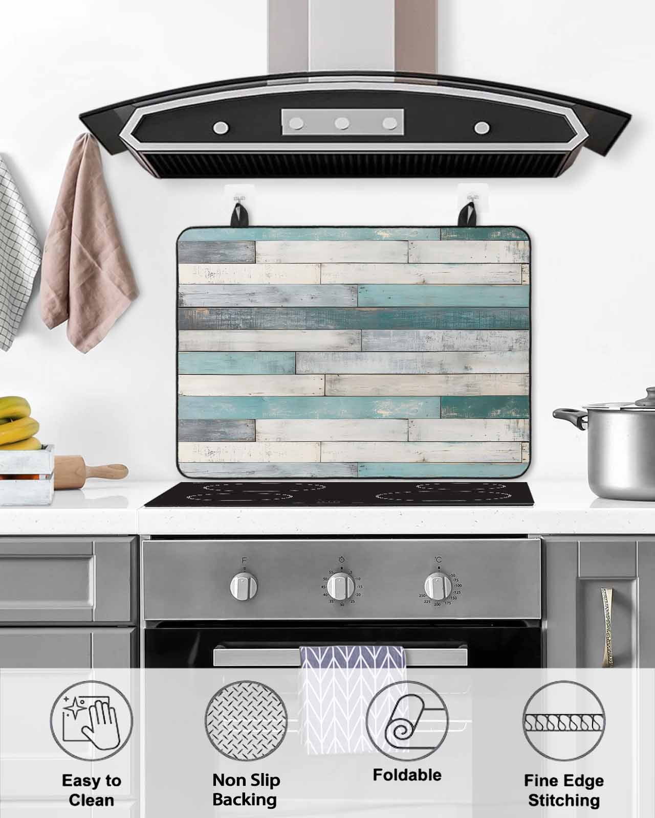 nqOlkjepod Large Induction Cooktop Protector Mat 24"x21", Turquoise Grey Wooden Stove Top Covers for Electric Stove, Farmhouse Teal Wood Decorative Stove Burner Cover Mats, Glass Top Stove Cover