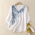 thumbnail image 2 of Summer Tops for Women Embroidered 3/4 Sleeve Boho Linen Shirts V Neck Tunic Peasant Clothes, 2 of 7
