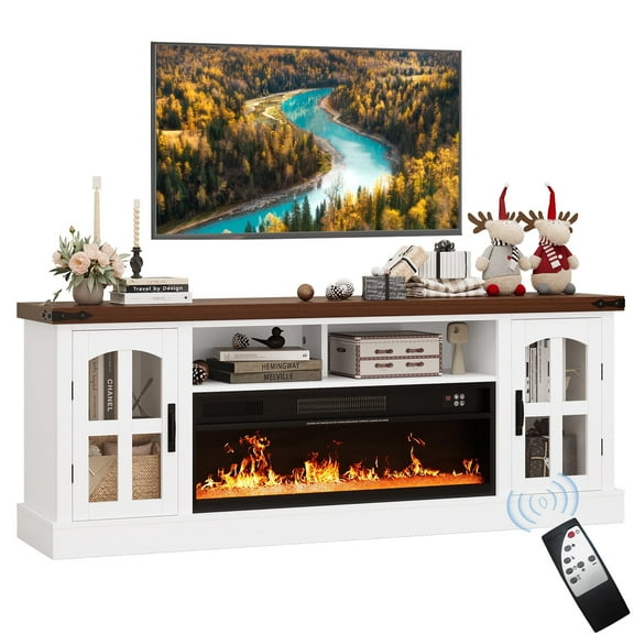 Lumiinofami Fireplace TV Stand for TVs up to 80", Modern Home Rustic Electric Fireplace Storage TV Cabinet, 71" Entertainment Center Console Table with Fireplace for Living Room, White