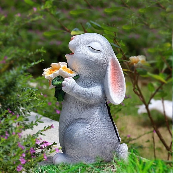 Amzcrzy Courtyard Lamp Solar-Powered Bunny Garden Statue Resin Figurine with Led Light Holding Flower Outdoor Decor for Patio Or Yard Decoration Ornaments Ornament Decorating Decorate Ornaments